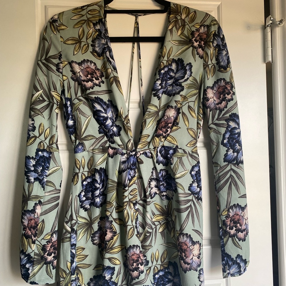 Beautiful teal floral romper, long sleeves